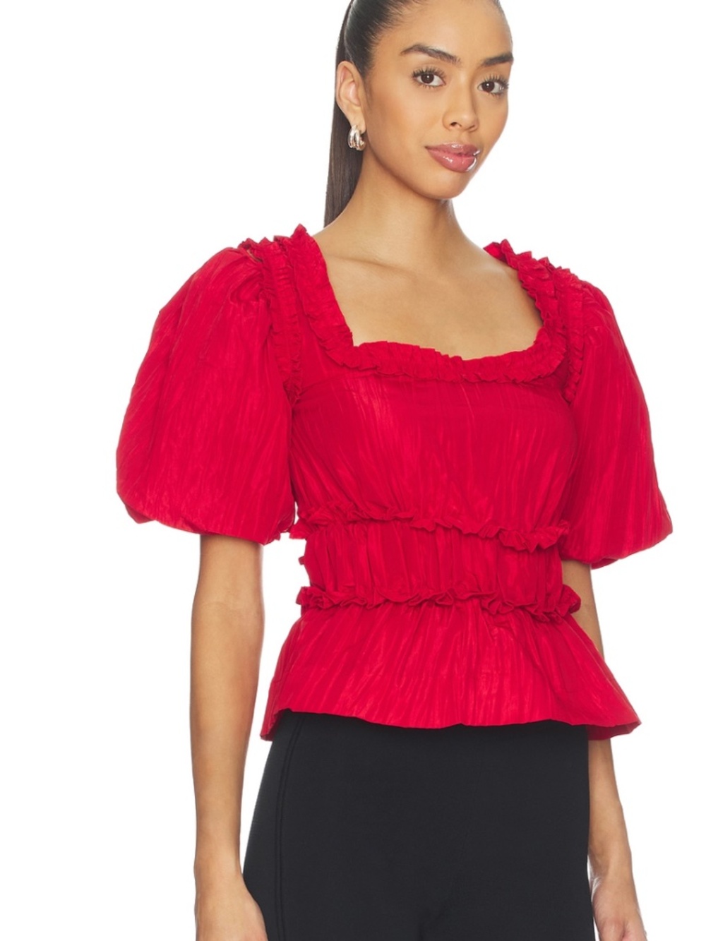 Damson Madder Everly Ruffle Blouse, Red, Detachable Sleeves, Size 12AU, US8